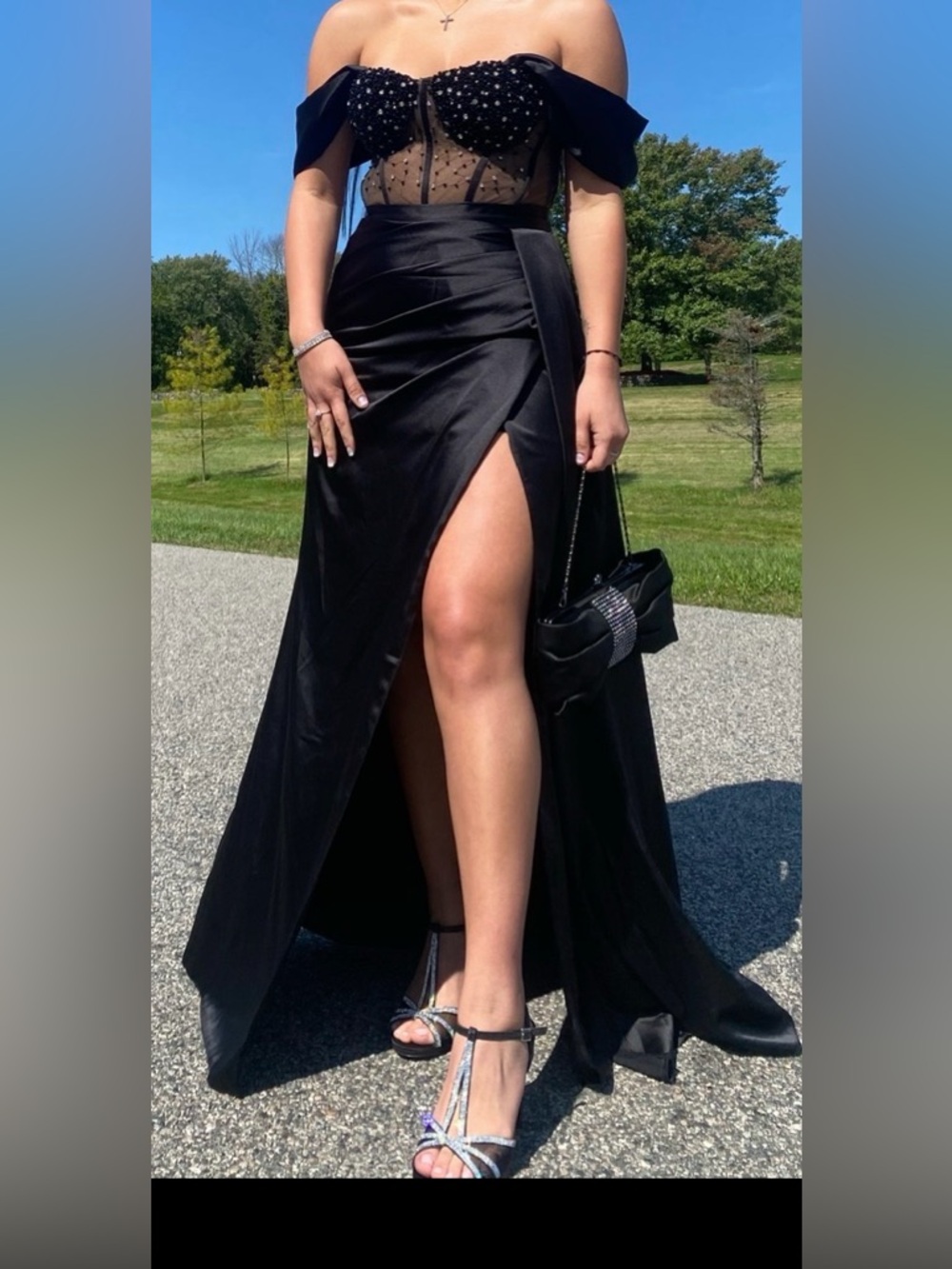 Elegant Black Satin High-Slit Gown
